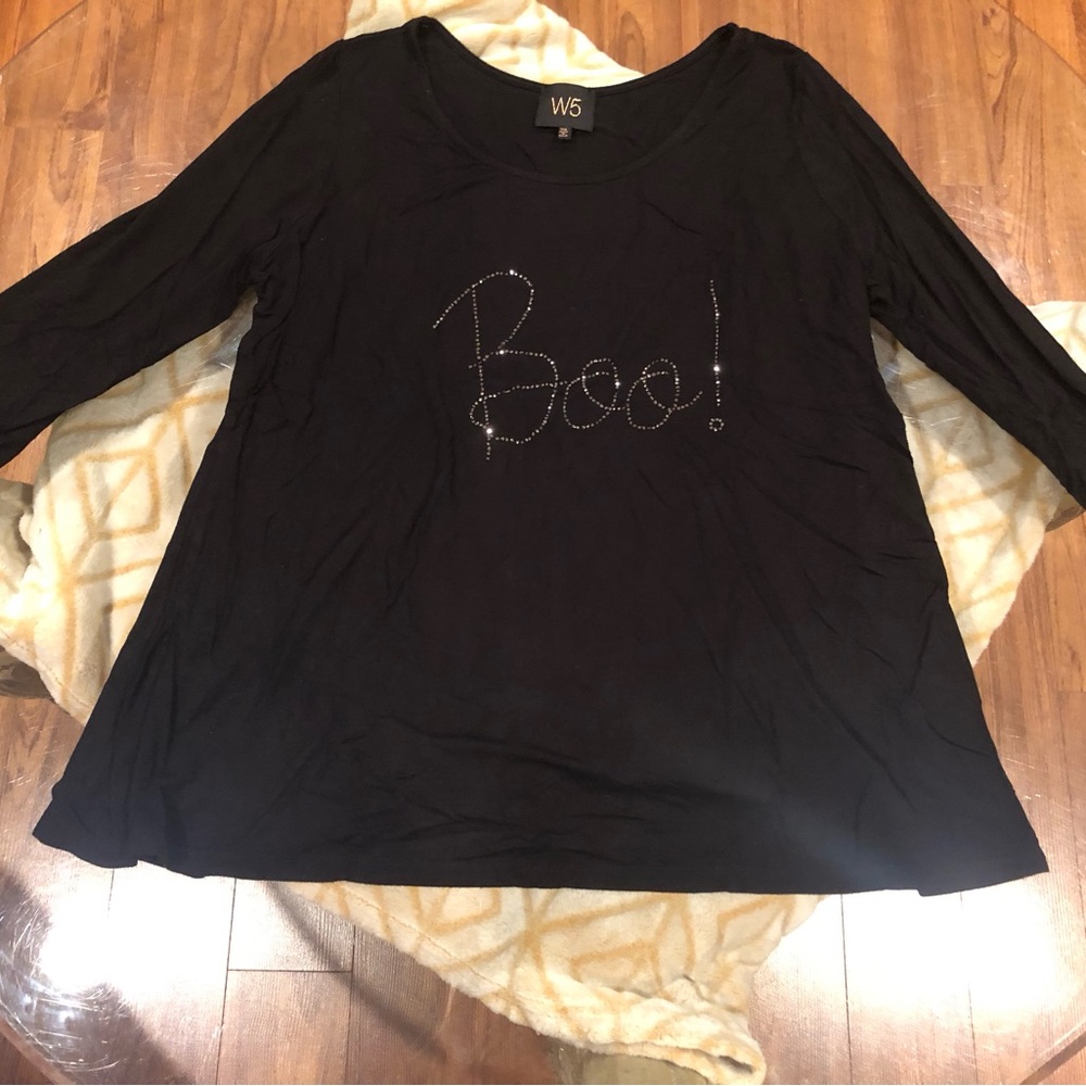W5 Black Rhinestone Boo Halloween Graphic Tunic Top Long Sleeve Plus Size 1XL